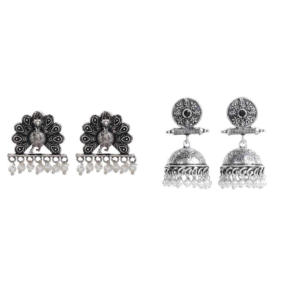 Charmbell earrings (Black) Meena Manjari stone stud earrings (Silver) Combo set