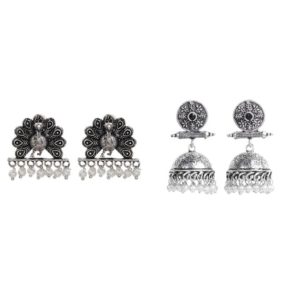 Charmbell earrings (Black) Meena Manjari stone stud earrings (Silver) Combo set