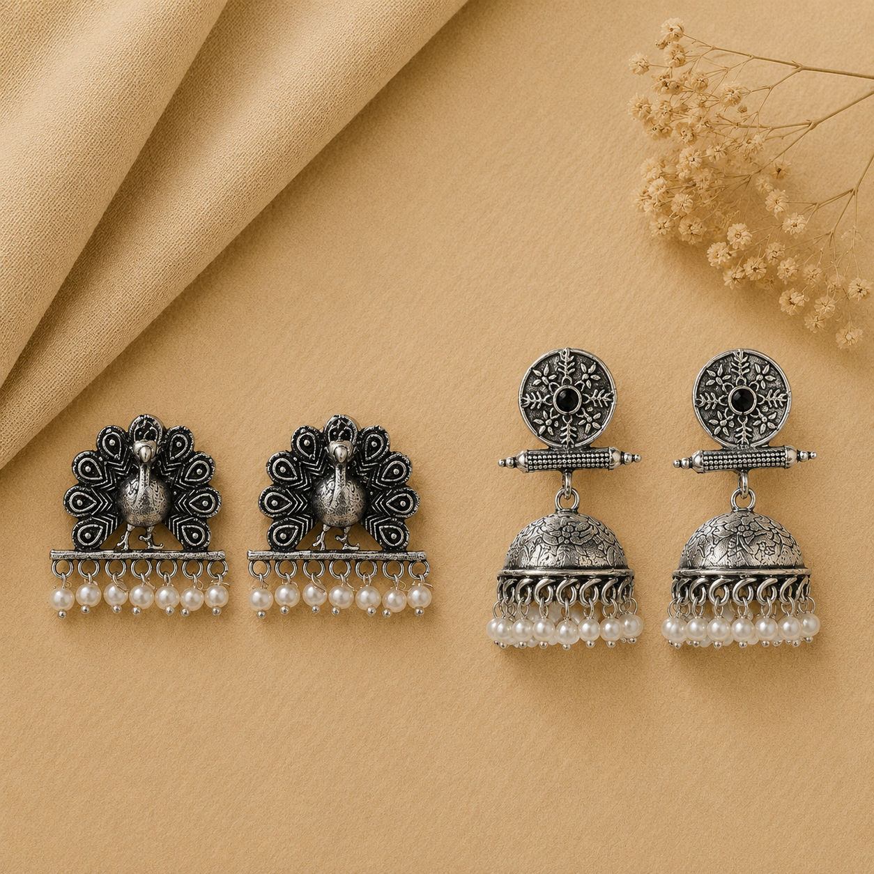 Charmbell earrings (Black) Meena Manjari stone stud earrings (Silver) Combo set