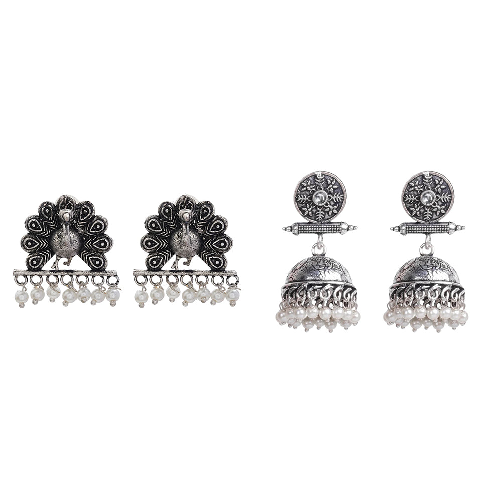 Charmbell earrings (White) Meena Manjari stone stud earrings (Silver) Combo set