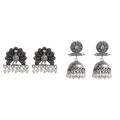 Charmbell earrings (White) Meena Manjari stone stud earrings (Silver) Combo set
