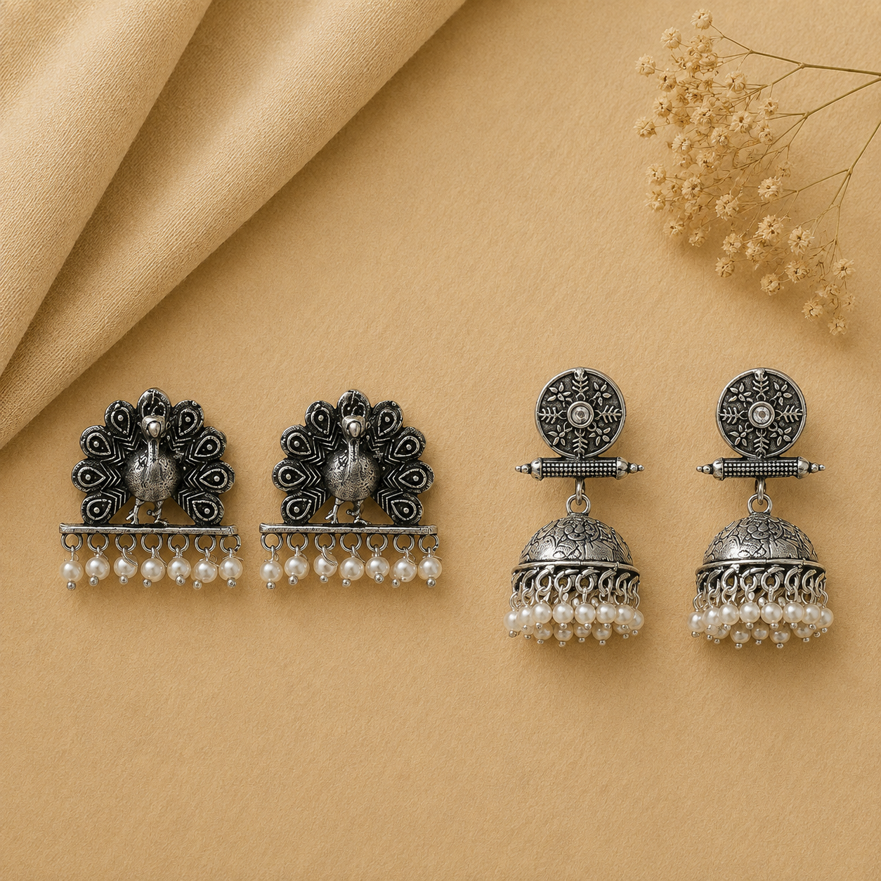 Charmbell earrings (White) Meena Manjari stone stud earrings (Silver) Combo set