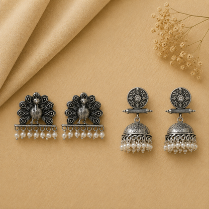 Charmbell earrings (White) Meena Manjari stone stud earrings (Silver) Combo set