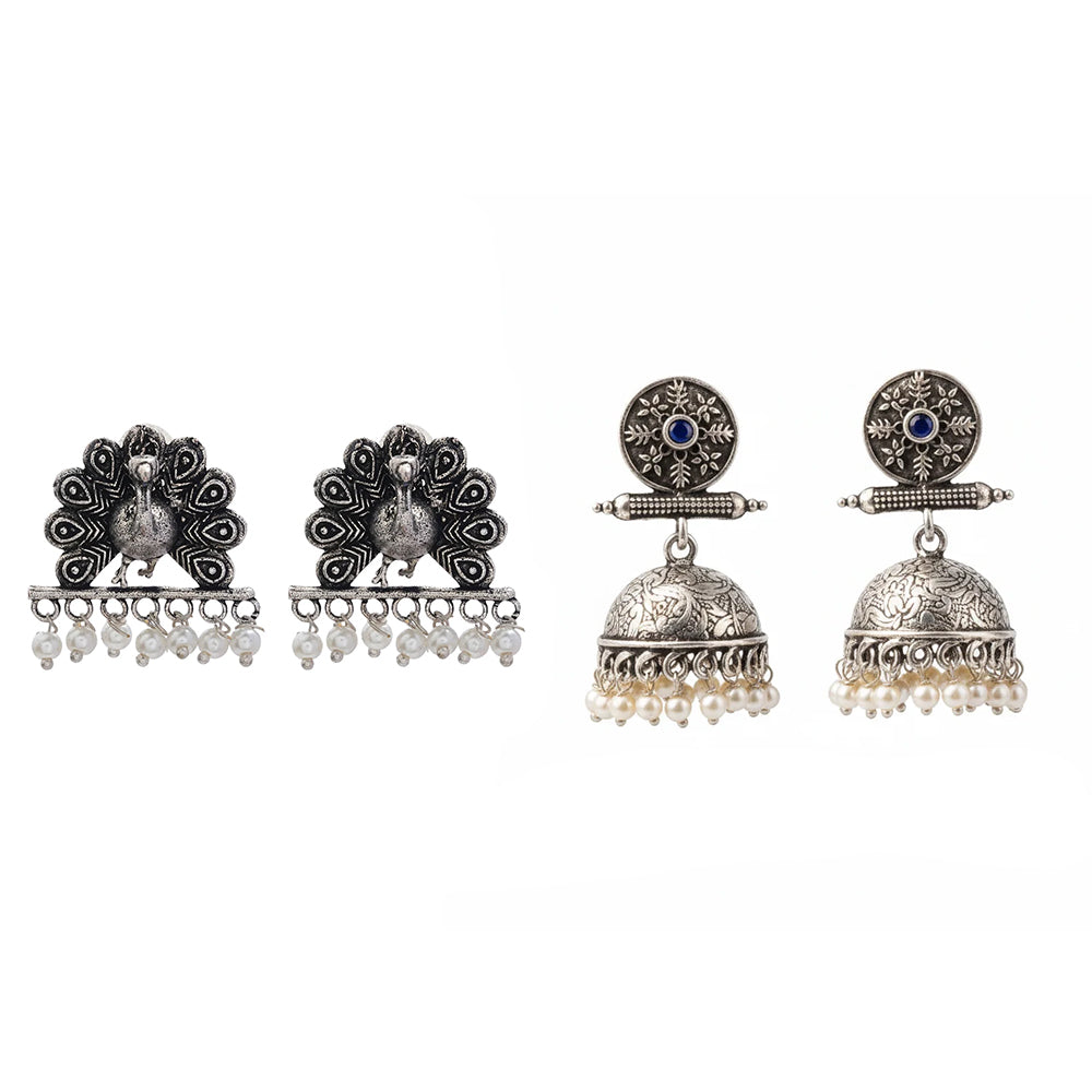 Charmbell earrings (Blue) Meena Manjari stone stud earrings (Silver) Combo set