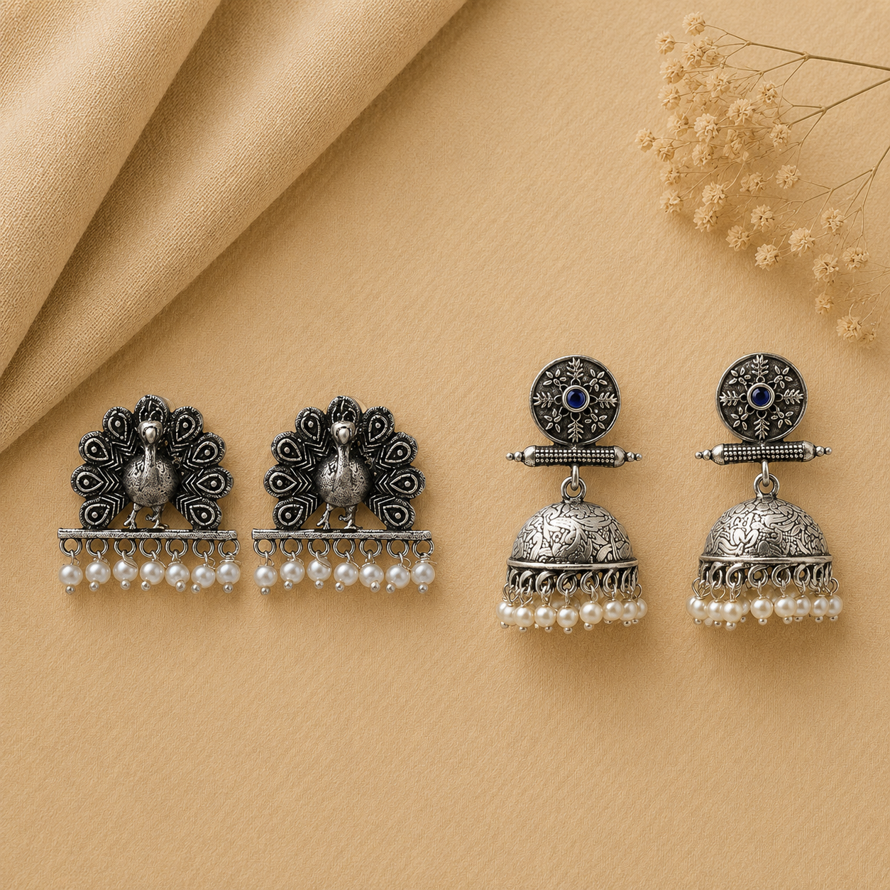 Charmbell earrings (Blue) Meena Manjari stone stud earrings (Silver) Combo set