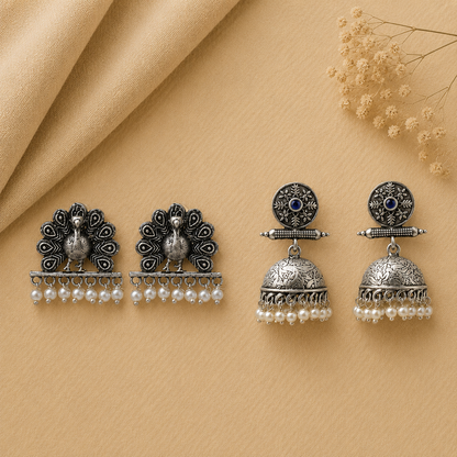 Charmbell earrings (Blue) Meena Manjari stone stud earrings (Silver) Combo set