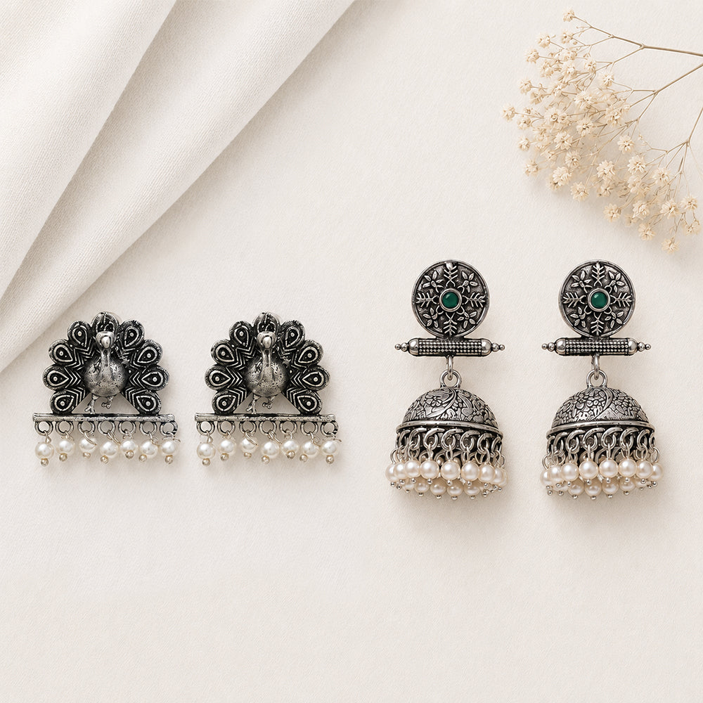Charmbell earrings (Green) Meena Manjari stone stud earrings (Silver) Combo set