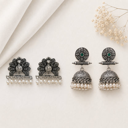 Charmbell earrings (Green) Meena Manjari stone stud earrings (Silver) Combo set