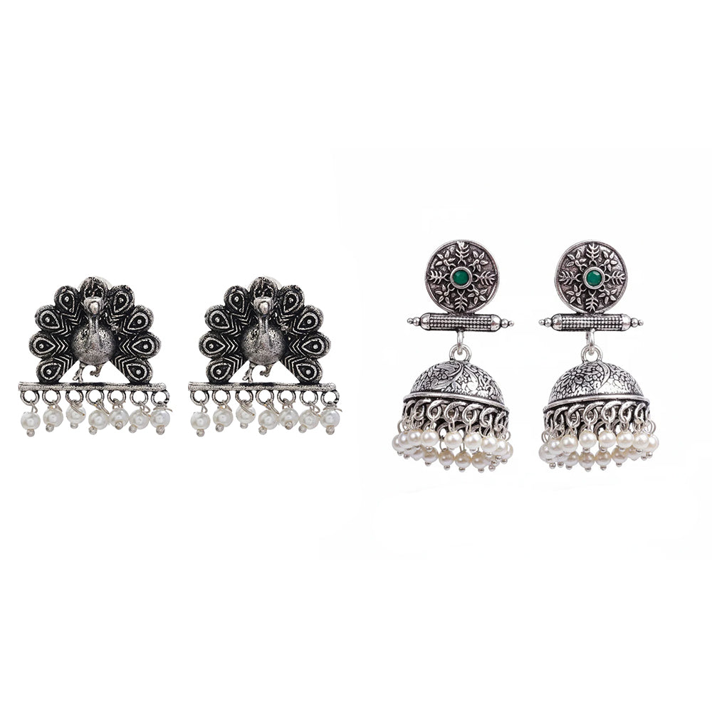 Charmbell earrings (Green) Meena Manjari stone stud earrings (Silver) Combo set
