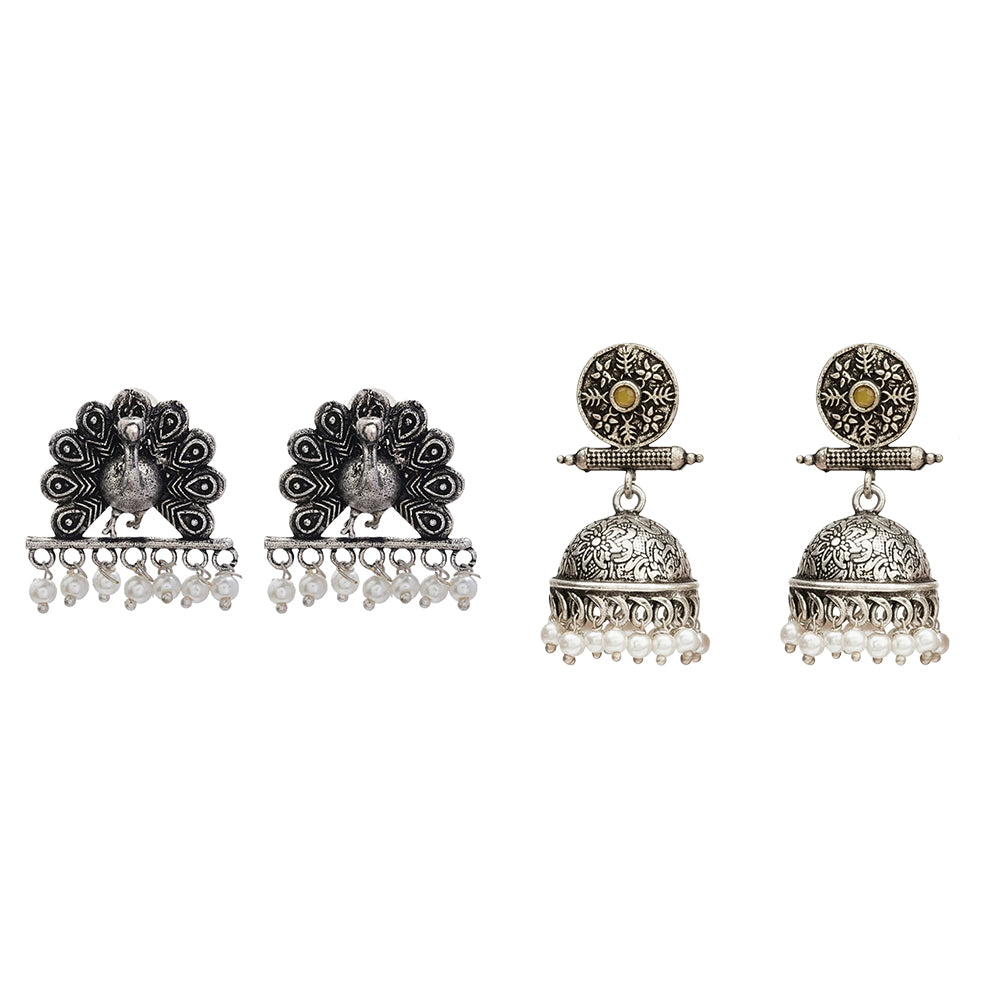 Charmbell earrings (Yellow) Meena Manjari stone stud earrings (Silver) Combo set