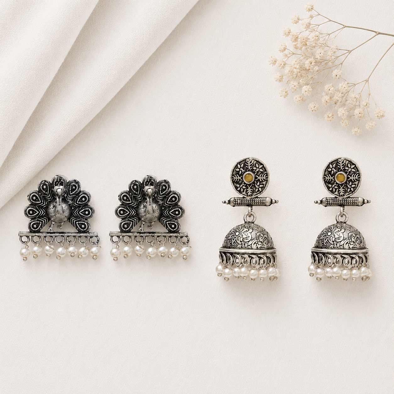Charmbell earrings (Yellow) Meena Manjari stone stud earrings (Silver) Combo set