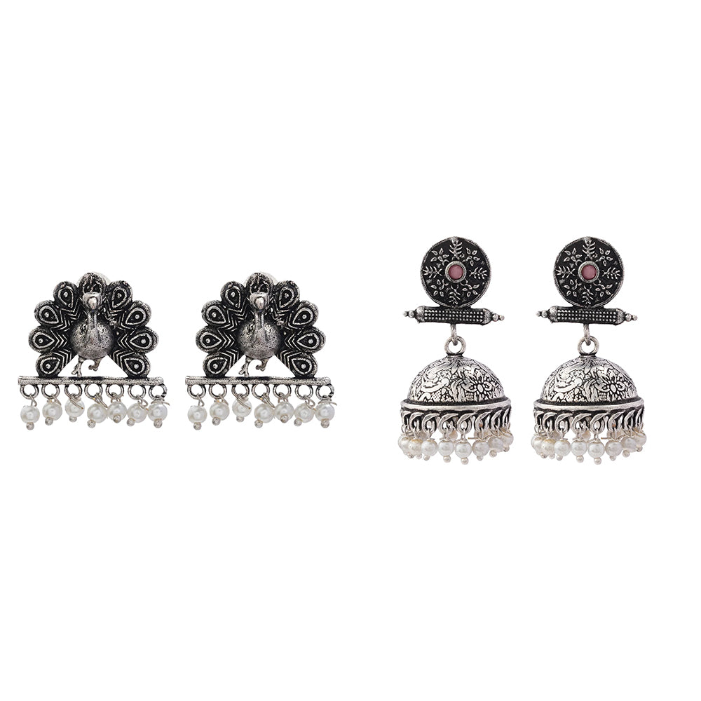 Charmbell earrings (Baby Pink) Meena Manjari stone stud earrings (Silver) Combo set
