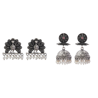 Charmbell earrings (Baby Pink) Meena Manjari stone stud earrings (Silver) Combo set