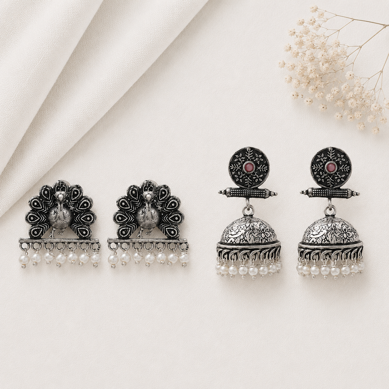 Charmbell earrings (Baby Pink) Meena Manjari stone stud earrings (Silver) Combo set