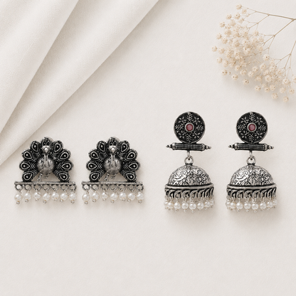 Charmbell earrings (Baby Pink) Meena Manjari stone stud earrings (Silver) Combo set
