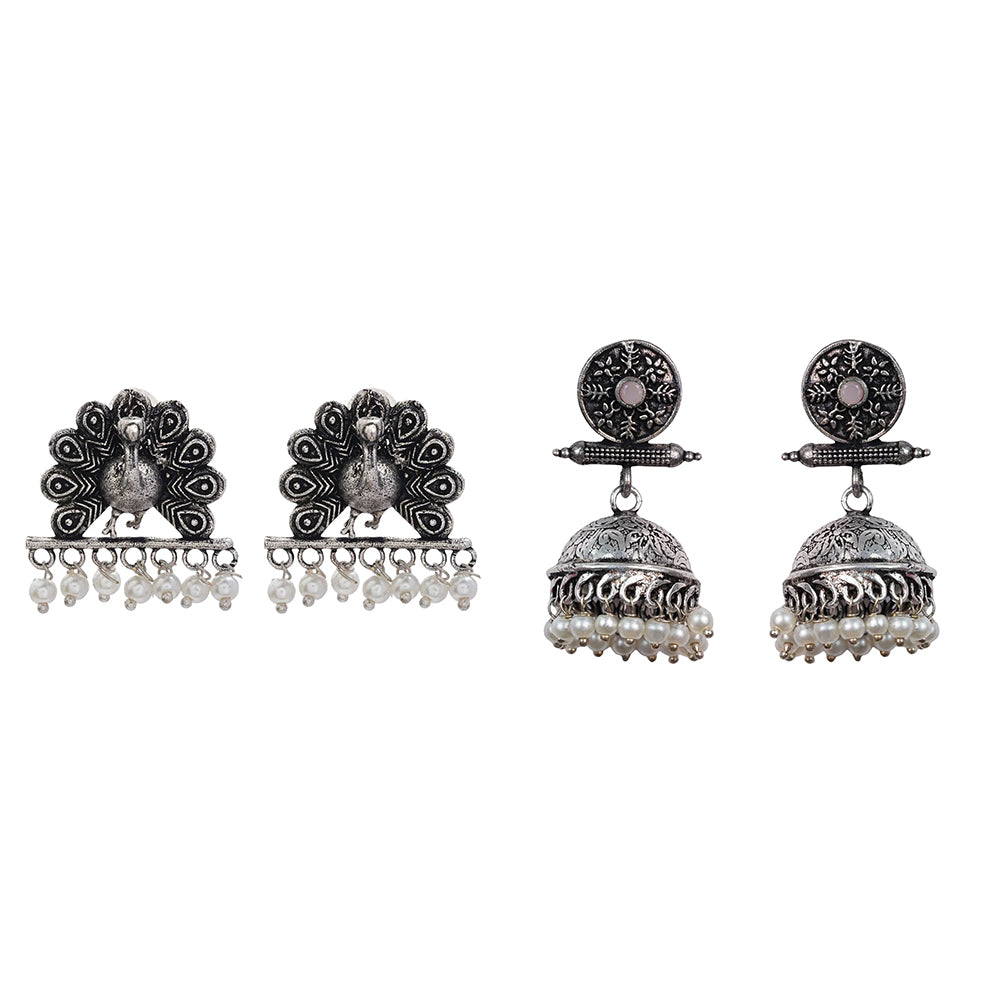 Charmbell earrings (Light Orange) Meena Manjari stone stud earrings (Silver) Combo set