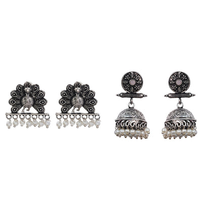 Charmbell earrings (Light Orange) Meena Manjari stone stud earrings (Silver) Combo set