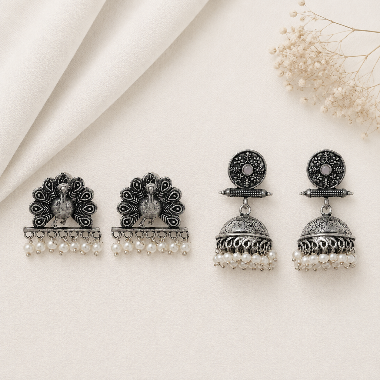 Charmbell earrings (Light Orange) Meena Manjari stone stud earrings (Silver) Combo set