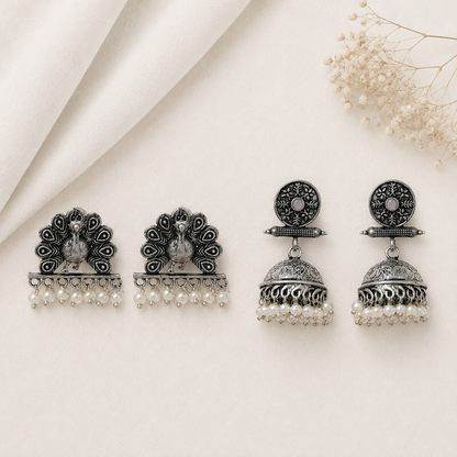Charmbell earrings (Light Orange) Meena Manjari stone stud earrings (Silver) Combo set