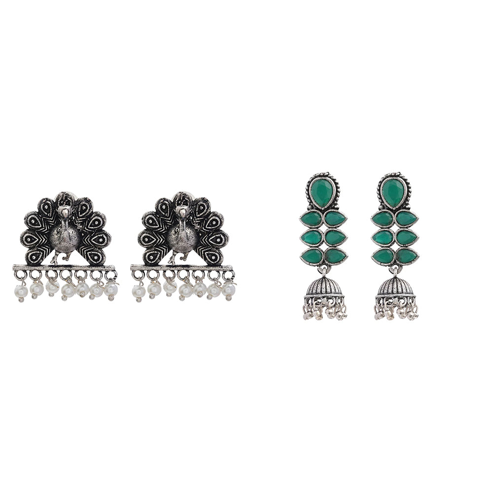 Dazzle Dash Jhumki earring (Green) Meena Manjari stone stud earrings (Silver) Combo set