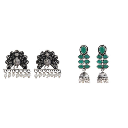 Dazzle Dash Jhumki earring (Green) Meena Manjari stone stud earrings (Silver) Combo set