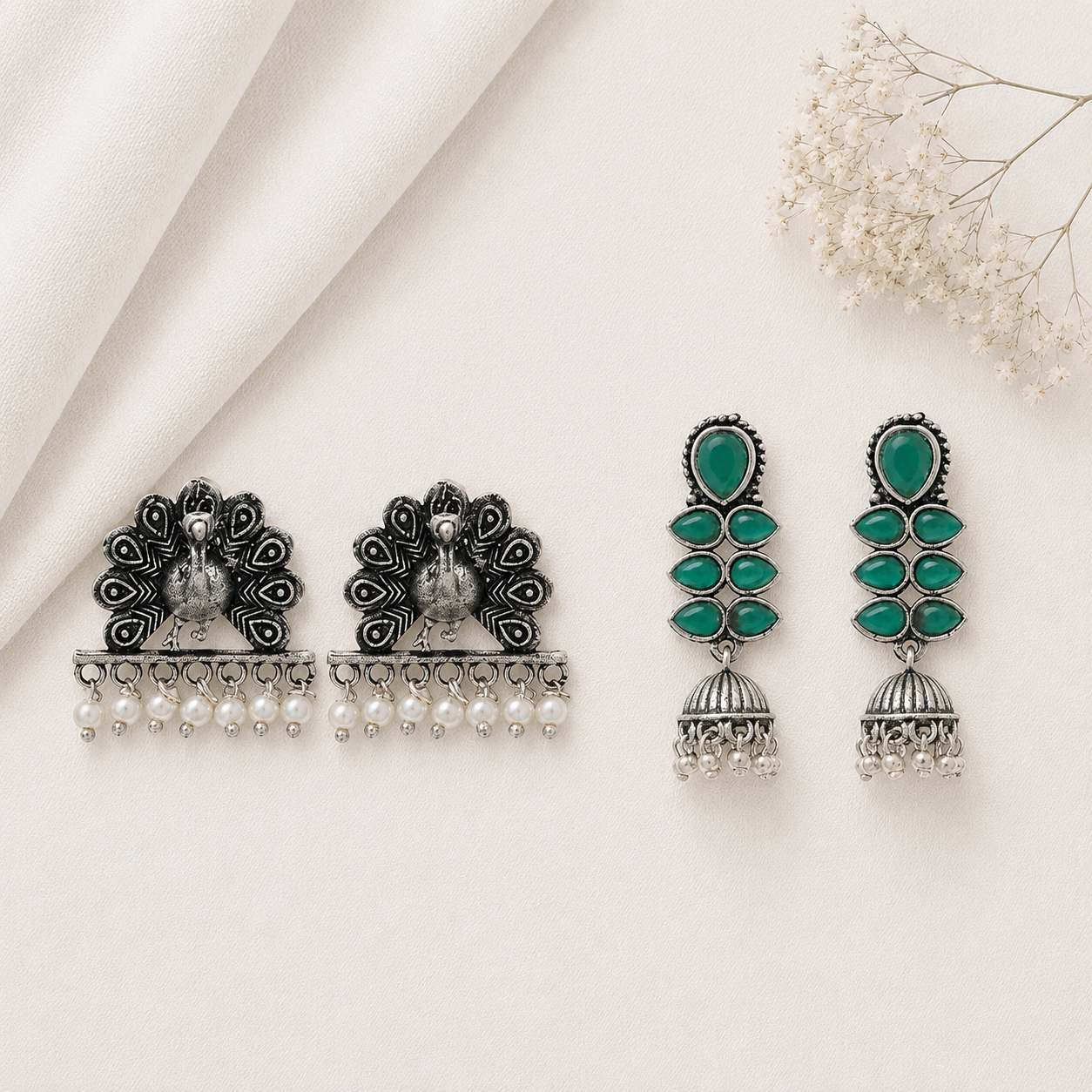 Dazzle Dash Jhumki earring (Green) Meena Manjari stone stud earrings (Silver) Combo set