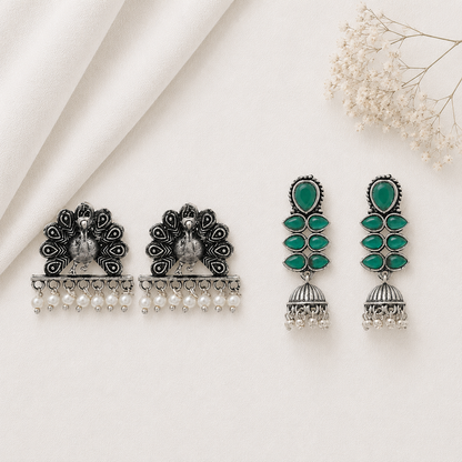 Dazzle Dash Jhumki earring (Green) Meena Manjari stone stud earrings (Silver) Combo set