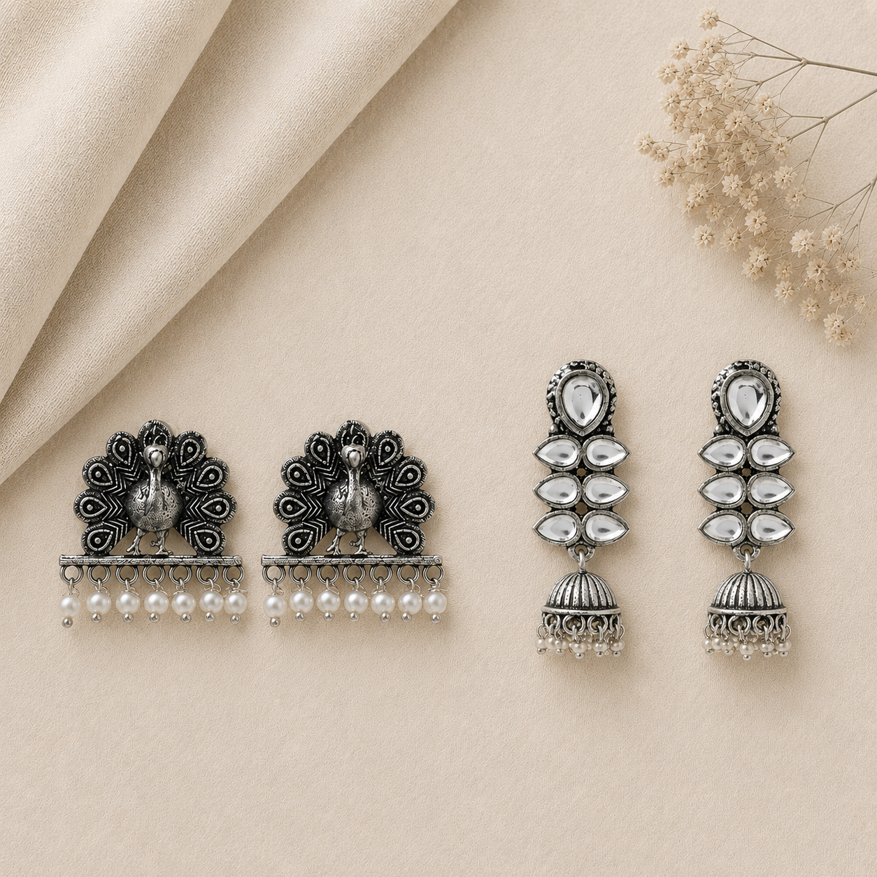 Dazzle Dash Jhumki earring (White) Meena Manjari stone stud earrings (Silver) Combo set