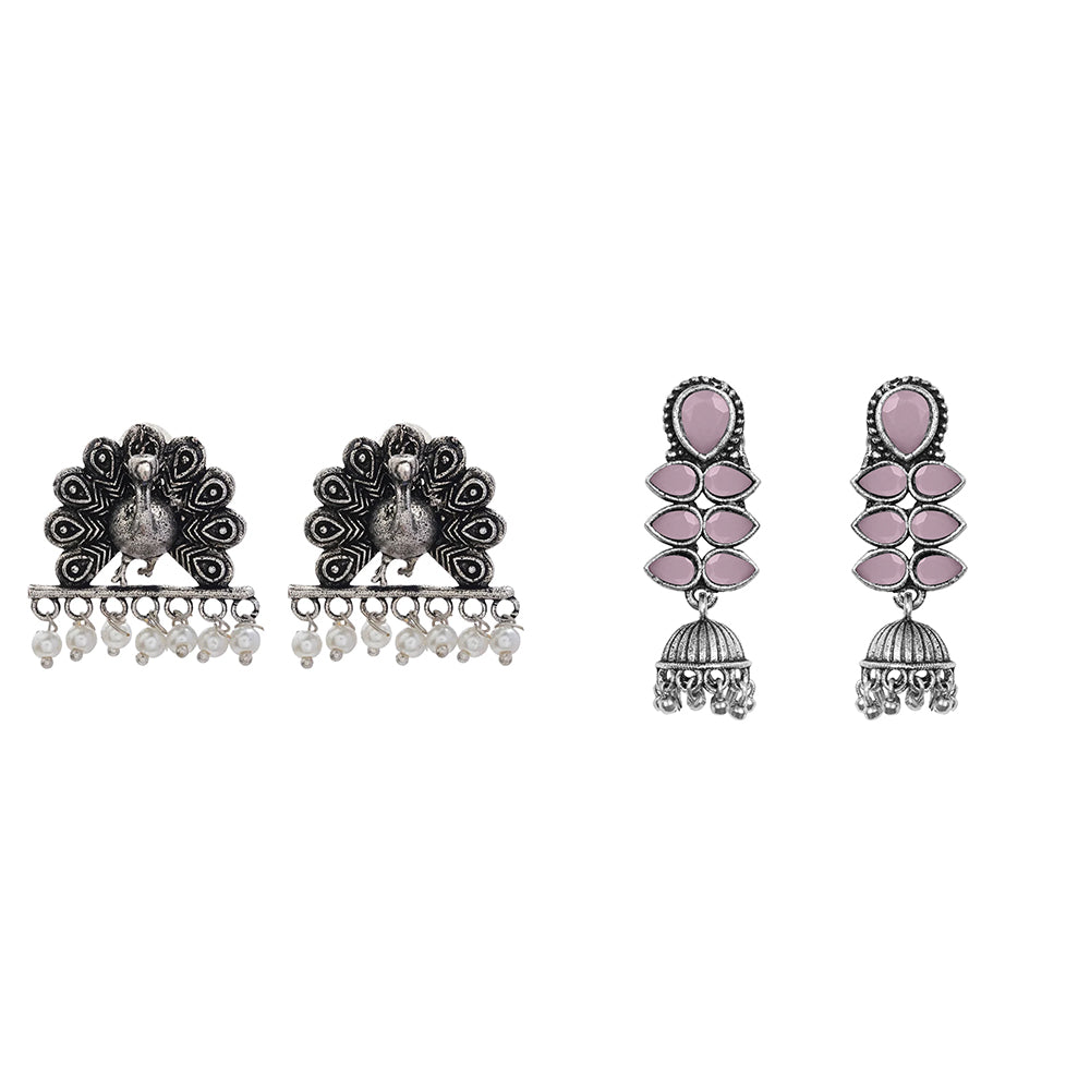 Dazzle Dash Jhumki earring (Baby Pink) Meena Manjari stone stud earrings (Silver) Combo set