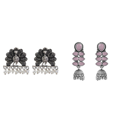 Dazzle Dash Jhumki earring (Baby Pink) Meena Manjari stone stud earrings (Silver) Combo set