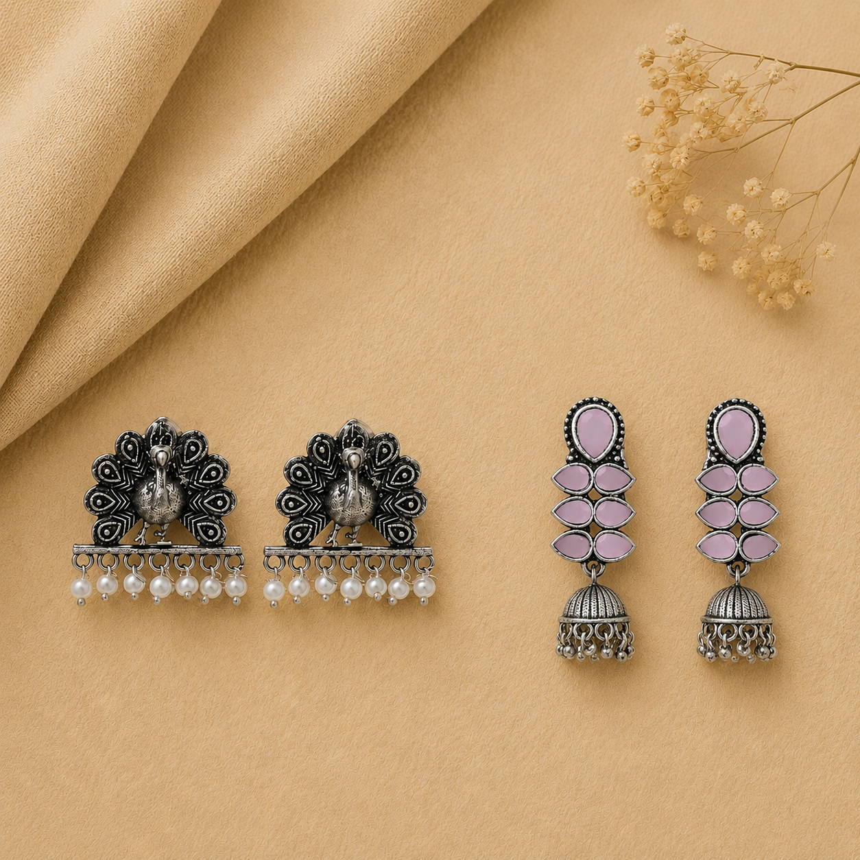 Dazzle Dash Jhumki earring (Baby Pink) Meena Manjari stone stud earrings (Silver) Combo set