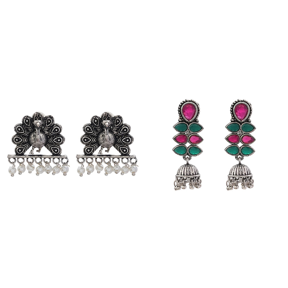 Dazzle Dash Jhumki earring (Multicolored) Meena Manjari stone stud earrings (Silver) Combo set