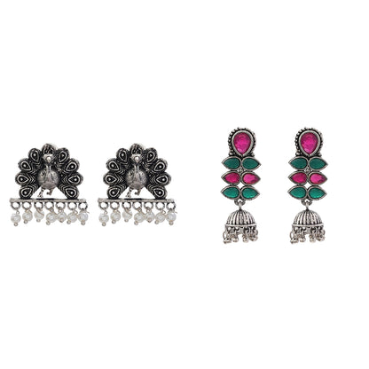 Dazzle Dash Jhumki earring (Multicolored) Meena Manjari stone stud earrings (Silver) Combo set