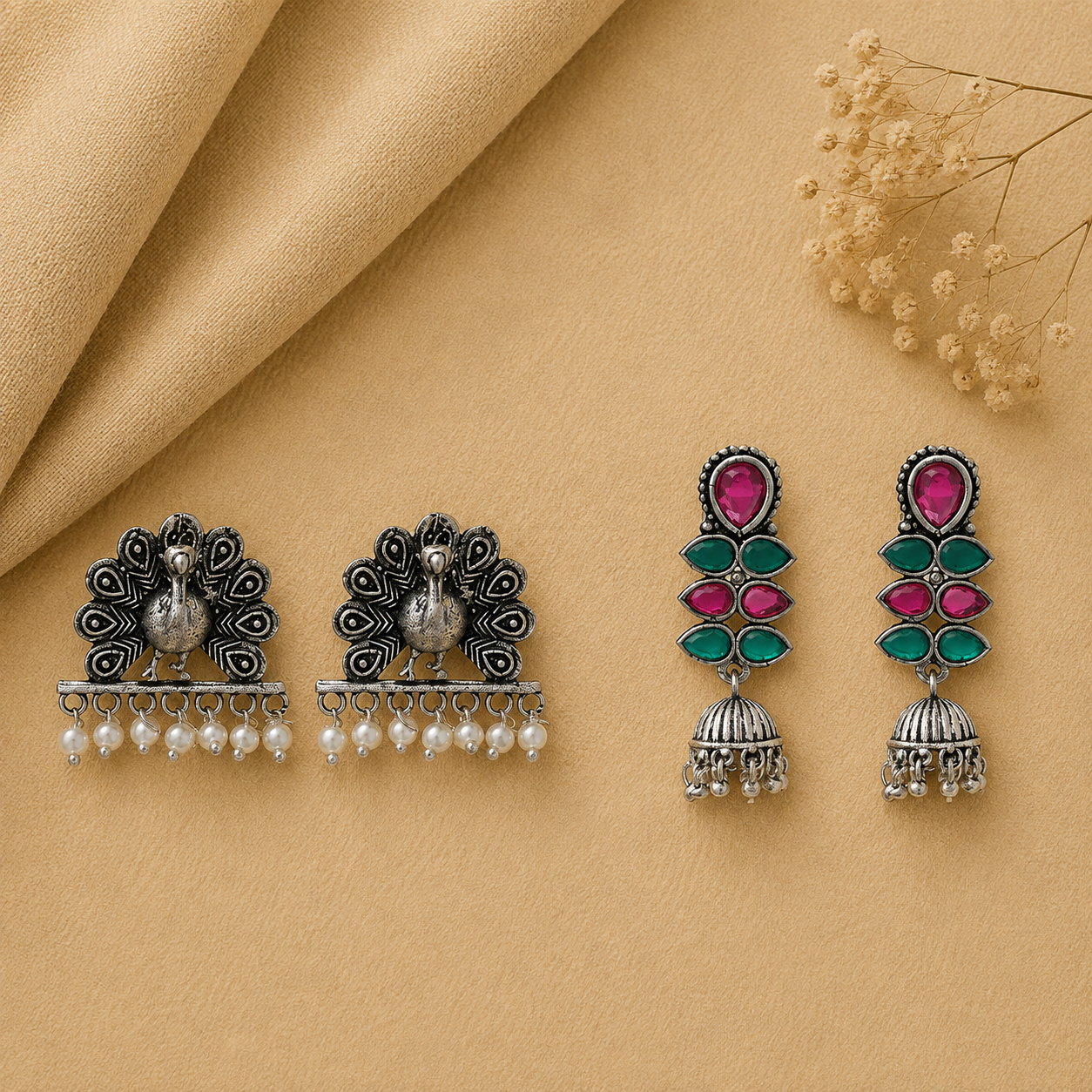 Dazzle Dash Jhumki earring (Multicolored) Meena Manjari stone stud earrings (Silver) Combo set