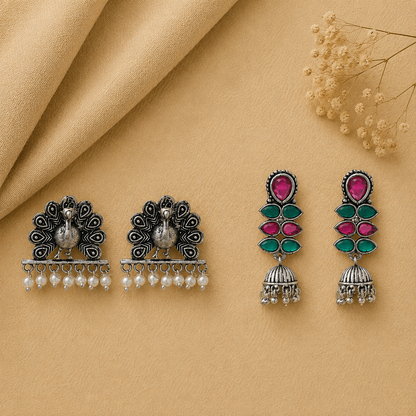 Dazzle Dash Jhumki earring (Multicolored) Meena Manjari stone stud earrings (Silver) Combo set