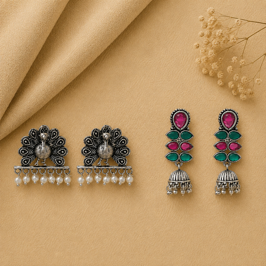 Dazzle Dash Jhumki earring (Multicolored) Meena Manjari stone stud earrings (Silver) Combo set