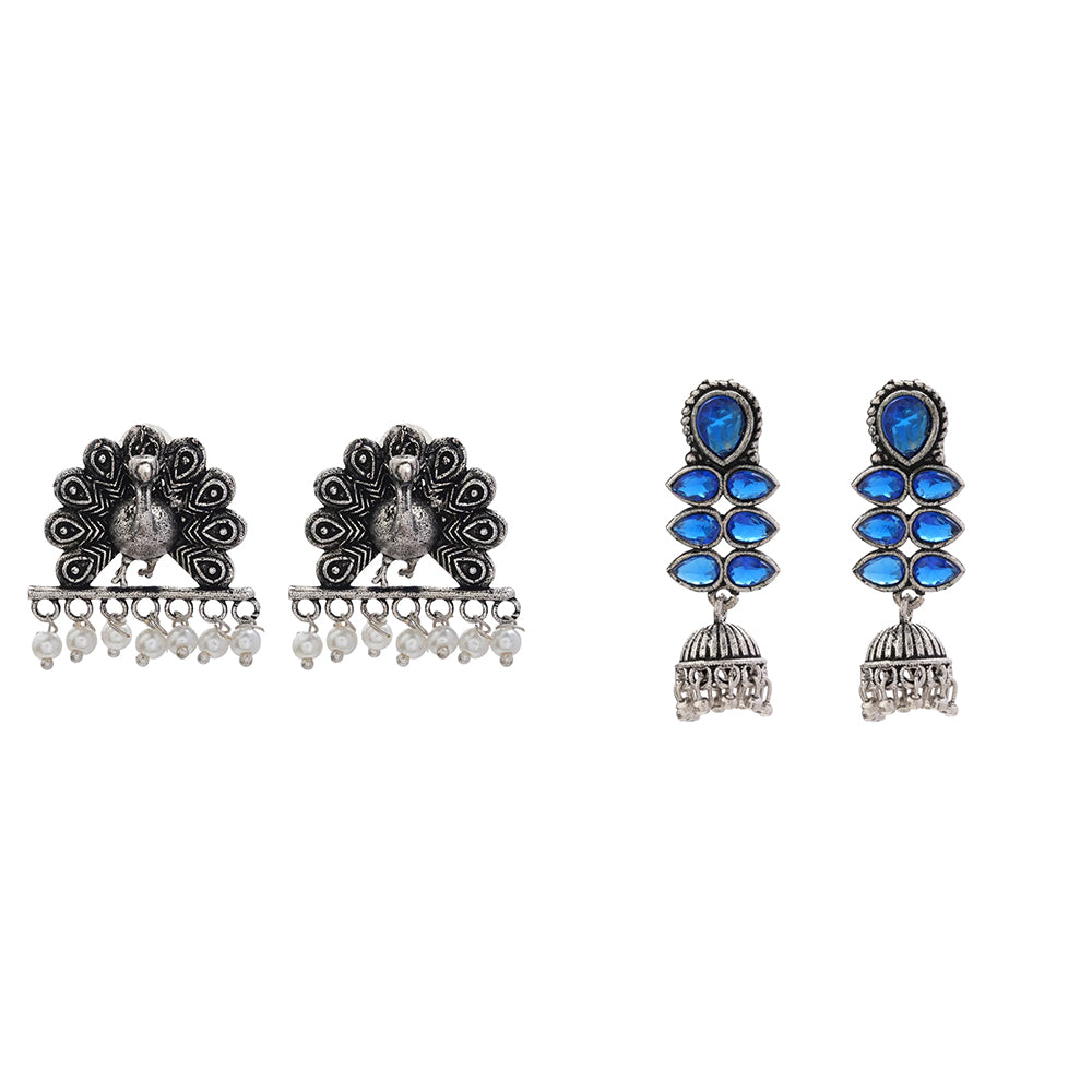 Dazzle Dash Jhumki earring (Blue) Meena Manjari stone stud earrings (Silver) Combo set