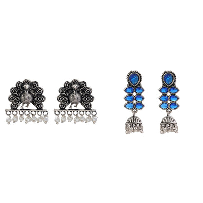 Dazzle Dash Jhumki earring (Blue) Meena Manjari stone stud earrings (Silver) Combo set