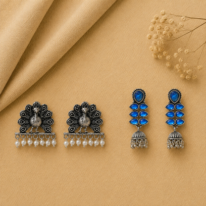 Dazzle Dash Jhumki earring (Blue) Meena Manjari stone stud earrings (Silver) Combo set