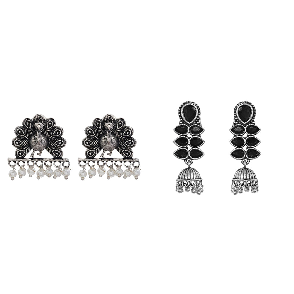 Dazzle Dash Jhumki earring (Black) Meena Manjari stone stud earrings (Silver) Combo set