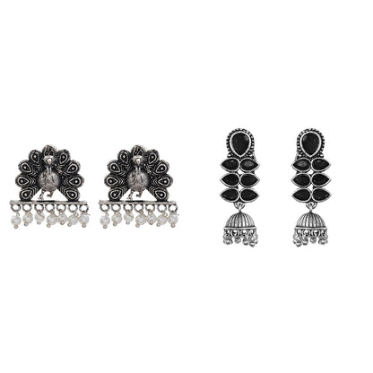 Dazzle Dash Jhumki earring (Black) Meena Manjari stone stud earrings (Silver) Combo set