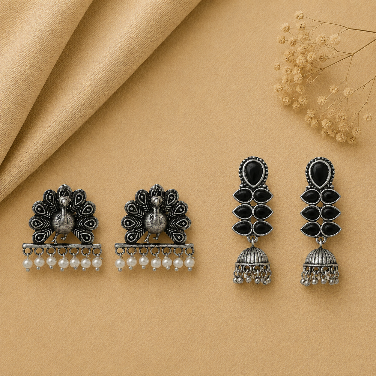 Dazzle Dash Jhumki earring (Black) Meena Manjari stone stud earrings (Silver) Combo set