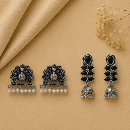 Dazzle Dash Jhumki earring (Black) Meena Manjari stone stud earrings (Silver) Combo set