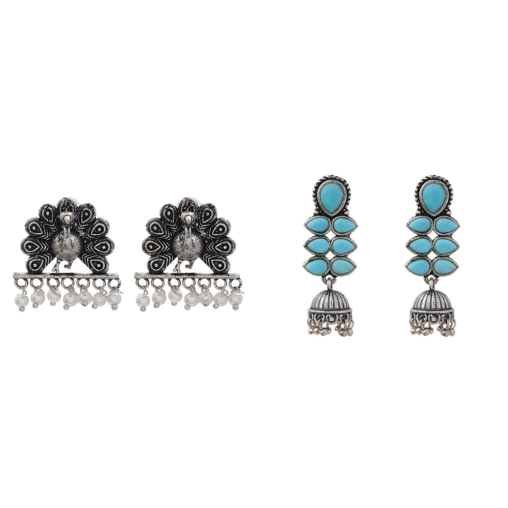 Dazzle Dash Jhumki earring (Sky Blue) Meena Manjari stone stud earrings (Silver) Combo set