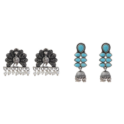 Dazzle Dash Jhumki earring (Sky Blue) Meena Manjari stone stud earrings (Silver) Combo set