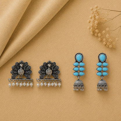 Dazzle Dash Jhumki earring (Sky Blue) Meena Manjari stone stud earrings (Silver) Combo set