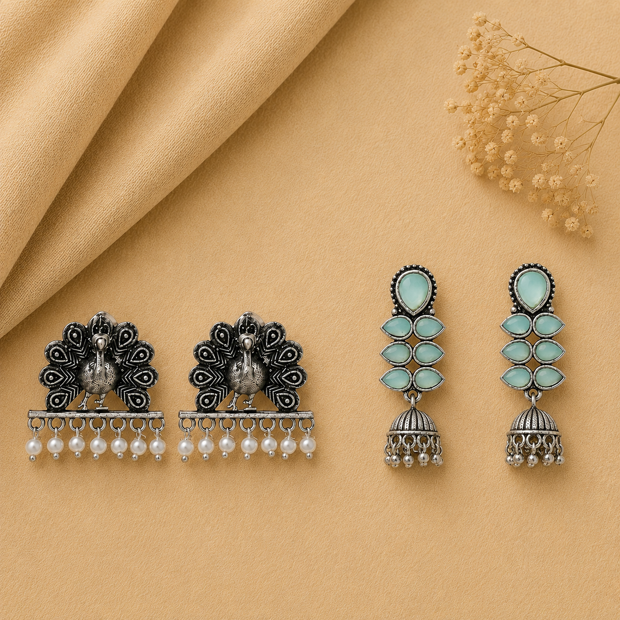 Dazzle Dash Jhumki earring (Mint) Meena Manjari stone stud earrings (Silver) Combo set