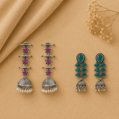 Dazzle Dash Jhumki earring (Green) Royal Triple Bell Layered Jhumka Earring (Red) Combo set
