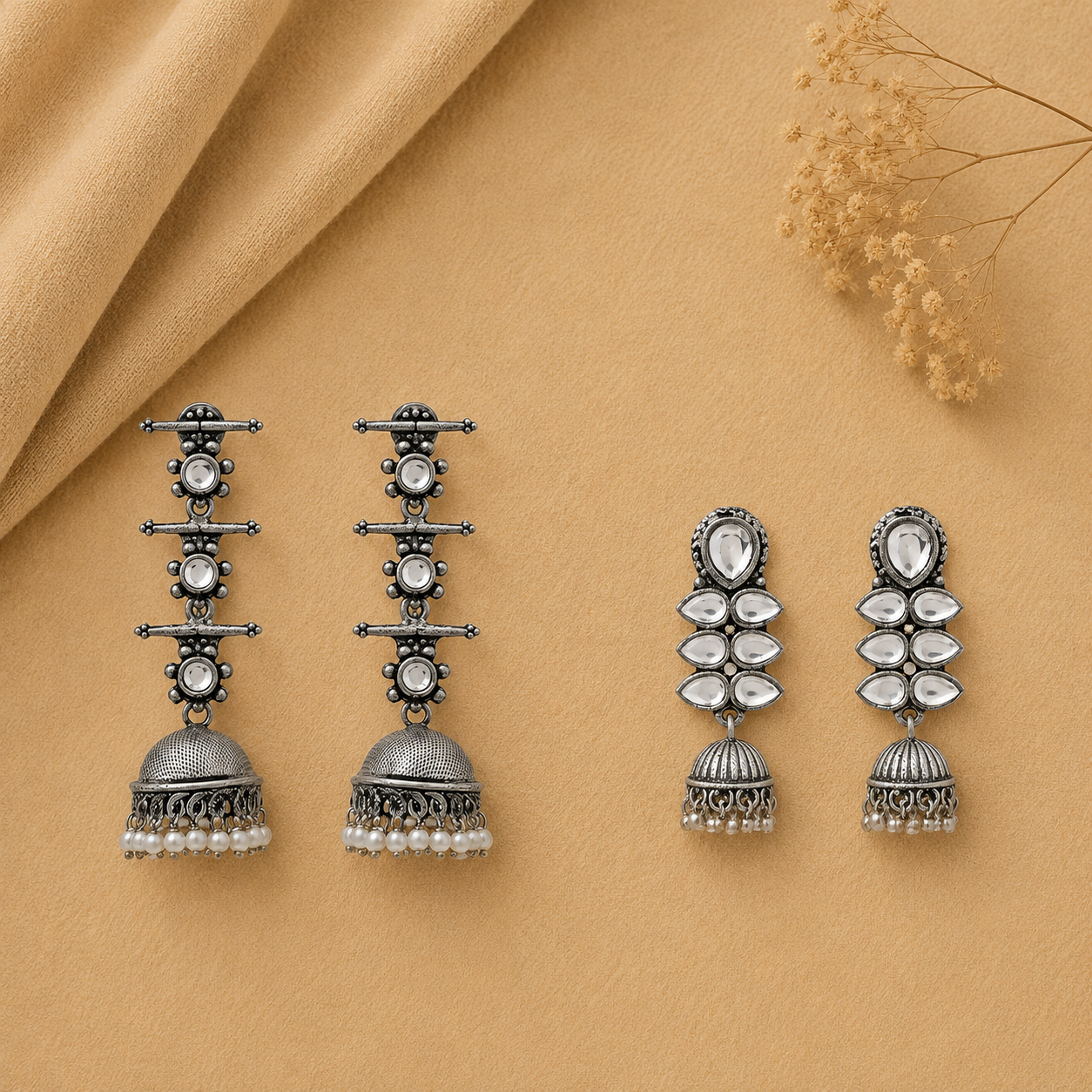 Dazzle Dash Jhumki earring (White) Royal Triple Bell Layered Jhumka Earring (White) Combo set