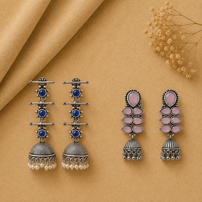Dazzle Dash Jhumki earring (Baby Pink) Royal Triple Bell Layered Jhumka Earring (Blue) Combo set